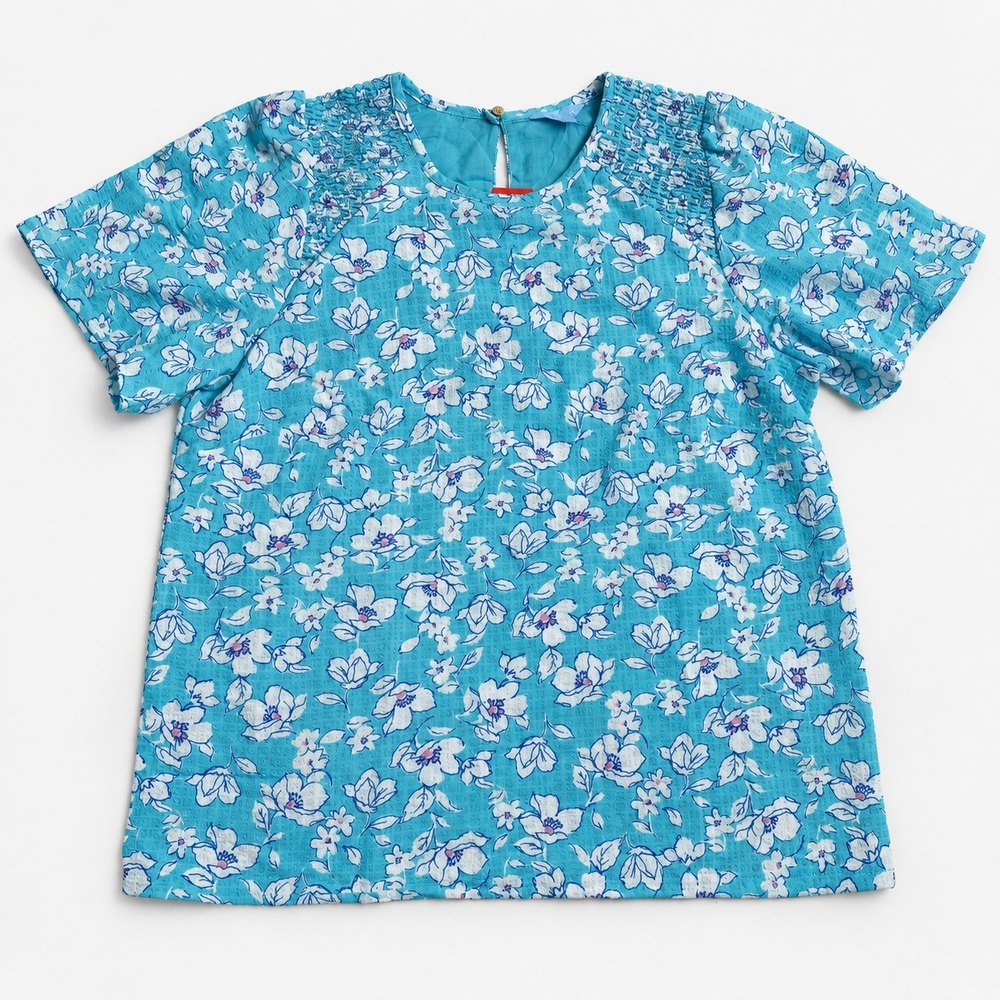 Draper James Womens Blue Floral Smocked Short Sleeve Blouse Top 1859444 M